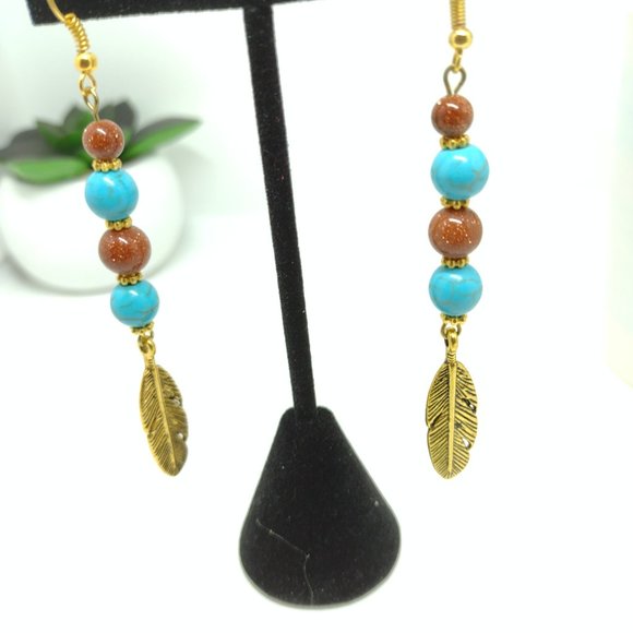 Gold Sandstone and Faux Turquoise Dangle Earrings with Antique Gold Feather - Picture 2 of 7